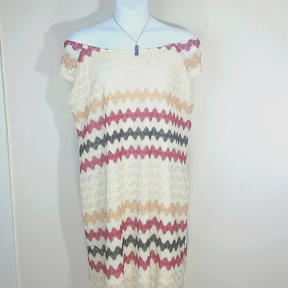 Fresh of LA 3X Ivory Lace Midi Sundress Off Shoulder Striped Cottagecore Boho